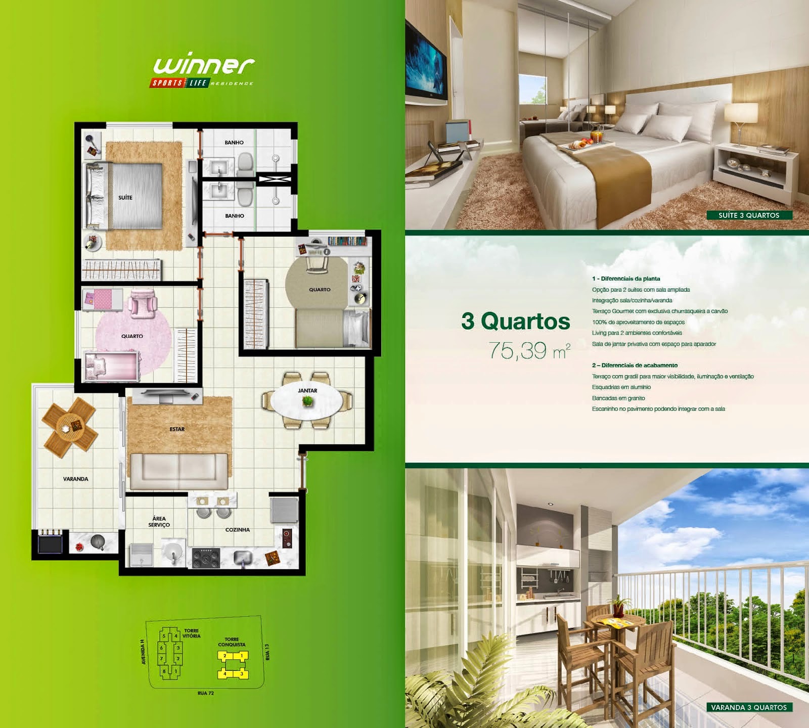 WINNER SPORTS LIFE RESIDENCE 3Q de 75m² / 2Q de 63m² / 1Q de 43m³