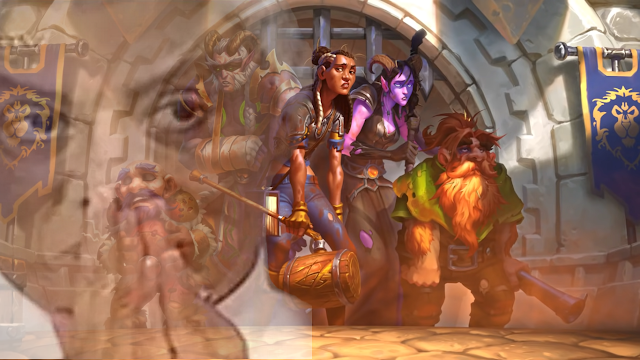 Desenho de cinco acentureiros machucados chegando na cidade medieval de Ventobravo. Eles estão cansados, alguns tem braços quebrados e roupas esfarropadas. Há um gnomo, um anão, uma draenei, um elfo noturno e uma humana.