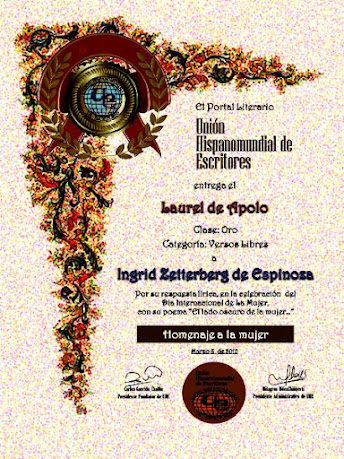 Primer puesto - El Laurel de Apolo otorgado en Unión Hispano mundial de escritores