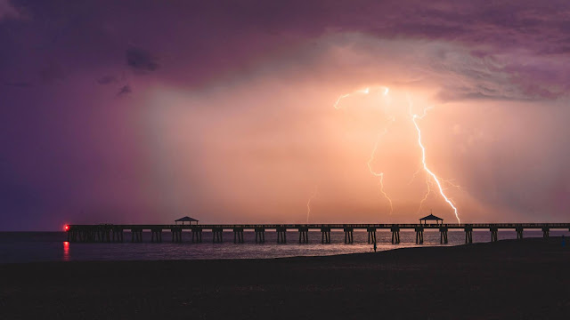 Sea lightning, clouds, sky, night ocean storm, pier