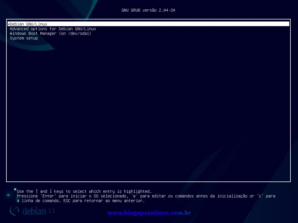 Tela do GRUB exibindo os sistemas operacionais "Debian GNU/Linux" e o "Windows"