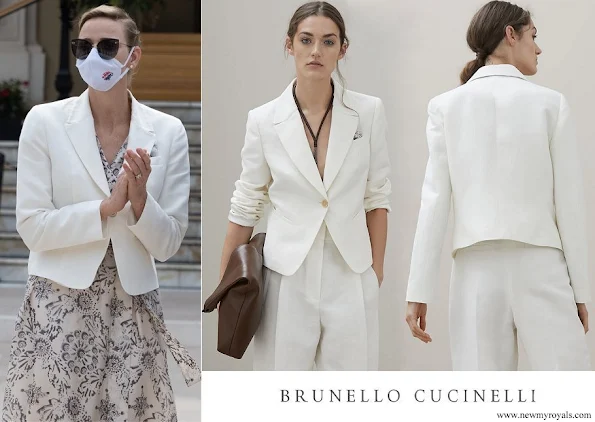 Princess Charlene wore Brunello Cucinelli Linen and cotton Raw chevron blazer