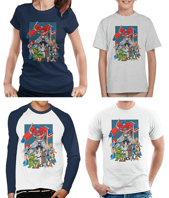 Man, Woman and Child wearing 80s cartoon characters T-shirts