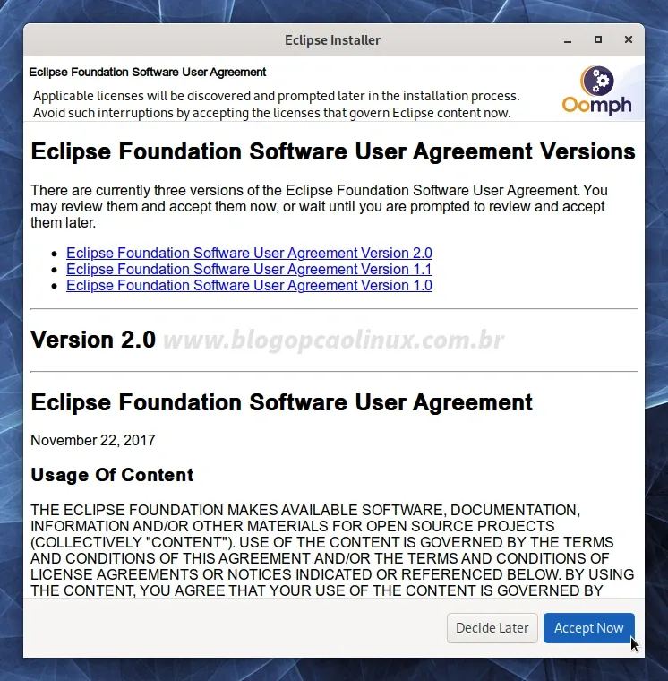 Aceite os Termos de Uso do Eclipse