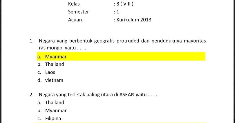 Soal Pts Ilmu Pengetahuan Sosial Ips Kelas 8 Sem Ganjil Kurikulum 2013 Soal Pelajaran