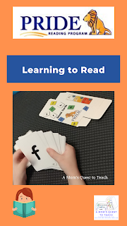 A Mom's Quest to Teach: Learning to Read: Review of the PRIDE Reading Program – Learning to read is such an important skill and sometimes our children need a little bit of extra help. #reading #read #languagearts PRIDE Reading Program Logo; A Mom's Quest to Teach logo; clipart of girl reading; cards from PRIDE Reading Program