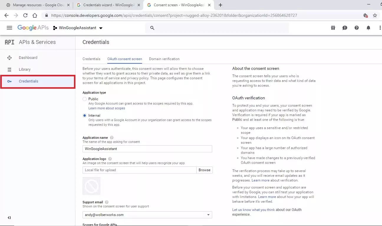 OAuth consent screen options, with INTERNAL selected, and Application name as