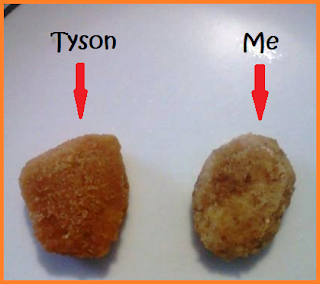 2 nuggets: redarrow pointing to a darker one that reads "Tyson".  Red arrow pointing to a second one that reads "Me"