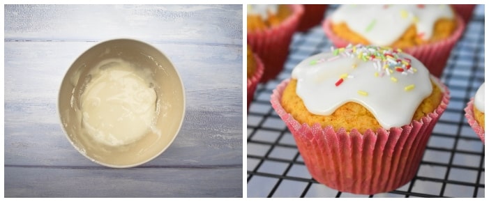 Vegan Lemon Muffins - Step 7 (lemon icing in bowl and glazed muffin)
