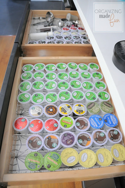 Organized kcup and wine accessories drawer in wine/coffee bar :: OrganizingMadeFun.com