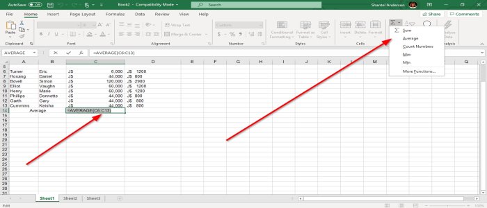 Как использовать функции MIN, Max и AVERAGE в Excel
