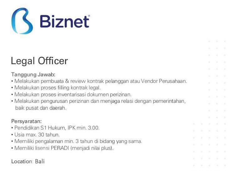 Hiring, Legal Officer (Biznet)