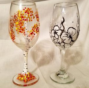 Hand Painted Wine Glasses Tree & Flowers