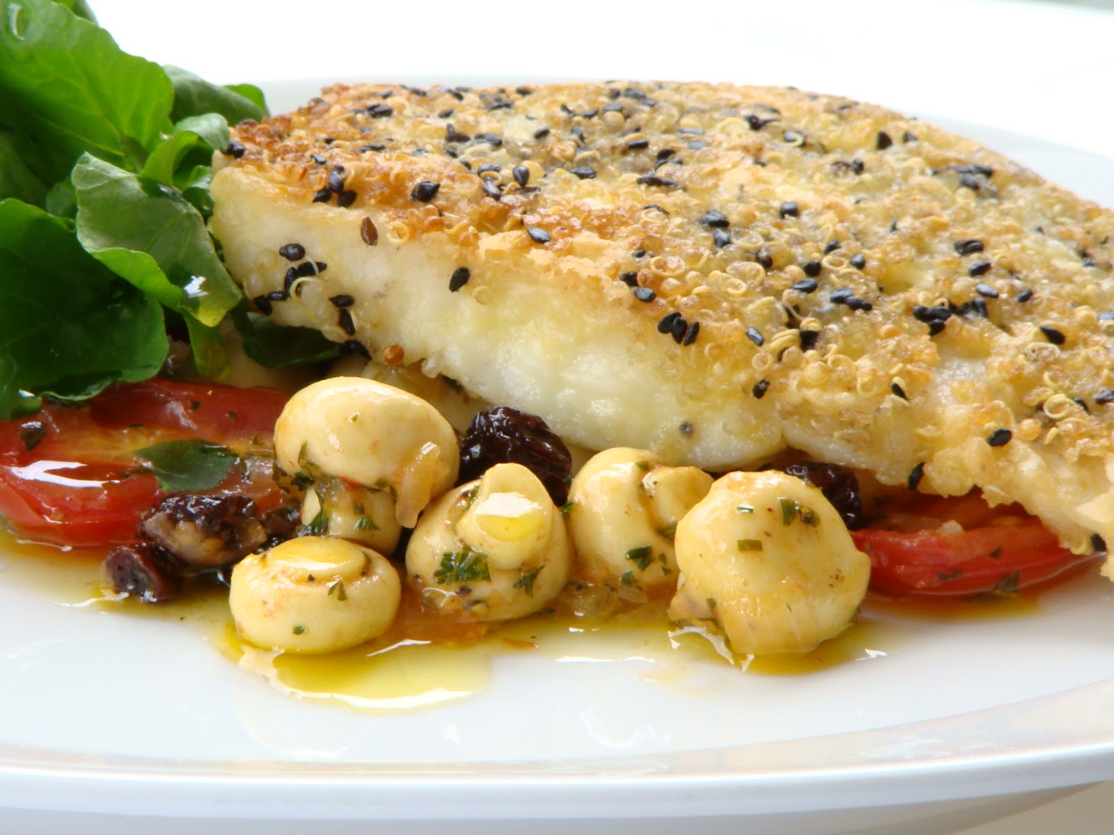 Manjericota Linguado com Crosta de Quinoa e Gergelim
