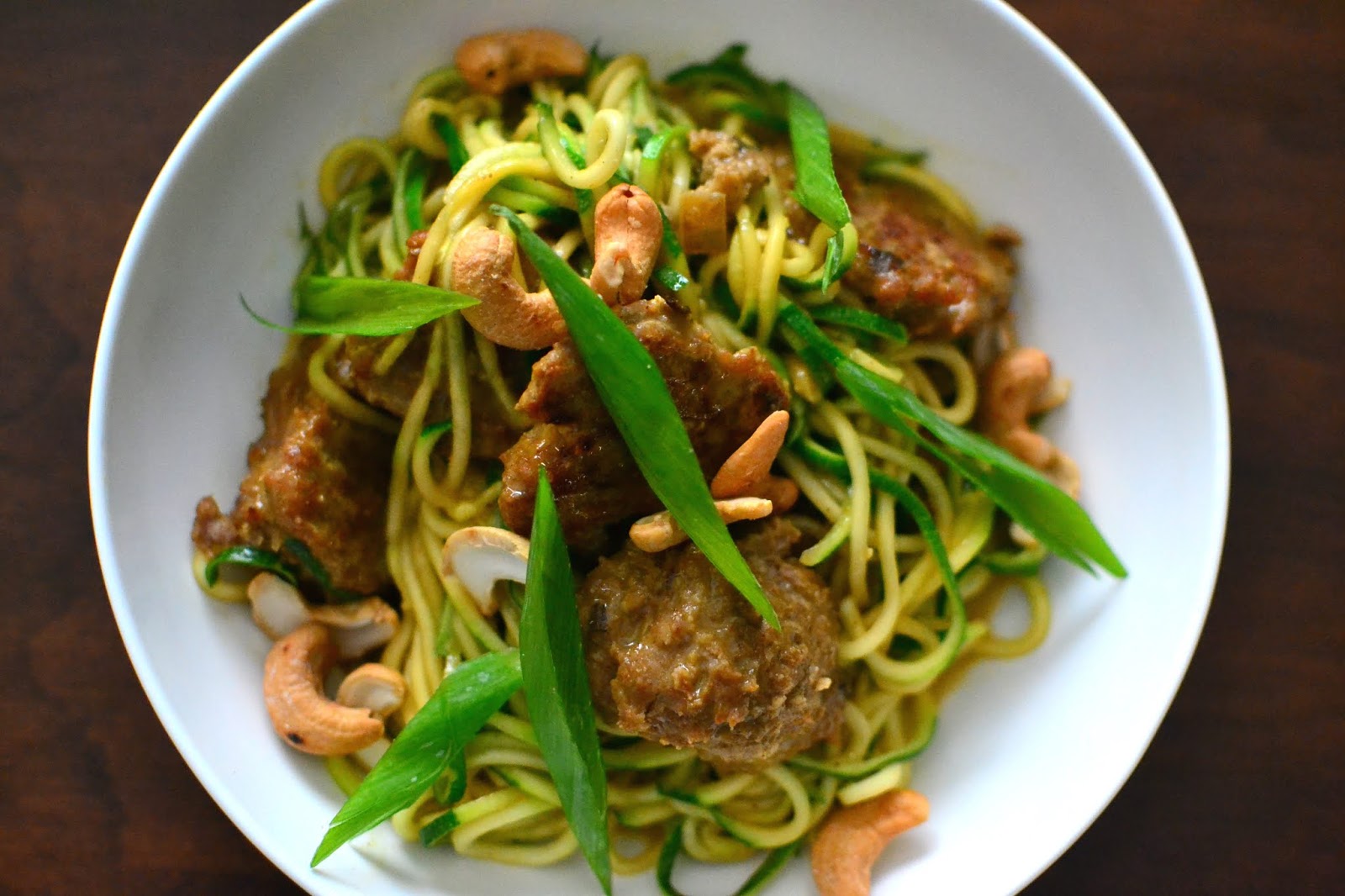Turkey Meatballs, Zoodles, with Almond Butter Satay Sauce
