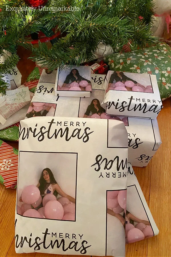 Custom Christmas Photo Wrapping Paper on presents under the tree