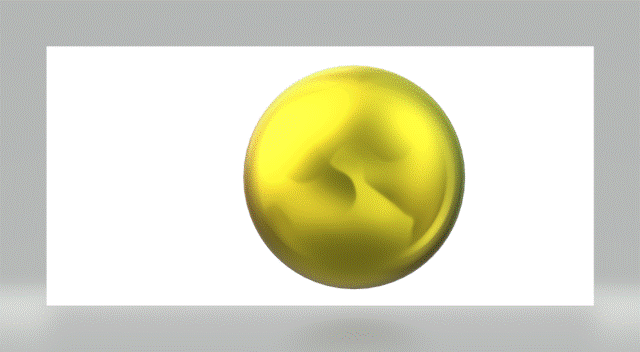 Gelbgoldene dreidimensionale Kugel die sich ein wenig nach links und nach rechts von der Mitte, horizontal bewegt. Diese Kugel (Mond) wird von einer rechteckigen senkrechten Fläche im vorderen Bereich geschnitten. Gleichzeitig dreht sich diese Fläche, im gedachten Raum, um die Kugel, wobei der Kontakt als Schnittlinie, immer einen kleinen Ausschnitt der Kugel zeigt, der durch die unterschiedlichen Bewegungsarten von Kugel (hin und her) und der Fläche (im Raum drehend) den Eindruck vermittelt, als sieht man den Kugelanschnitt in unterschiedlichen Größen ...