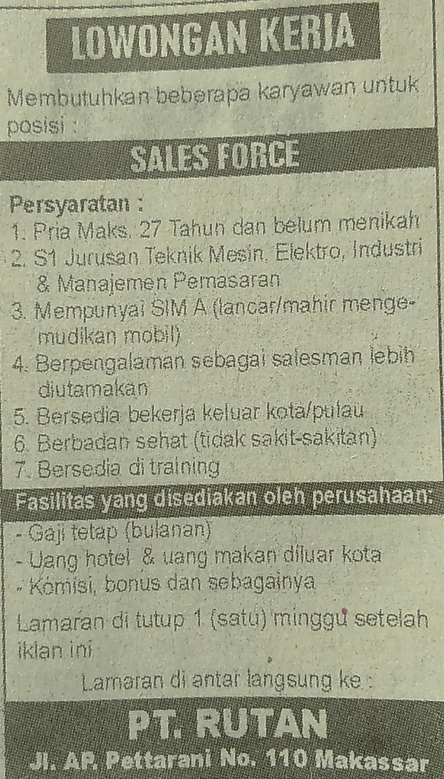 Info Lowongan Kerja Makassar: Lowongan Pekerjaan PT. RUTAN