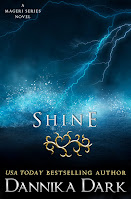 Shine book cover. A lighting rod crashes into the ground, sending up a cloud of energy and fog agains ta dark background.