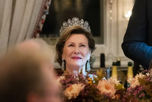 Crown Prince Haakon, Crown Princess Mette-Marit and Princess Astrid attended the gala dinner. Diamond tiara, diamond earrings and necklace