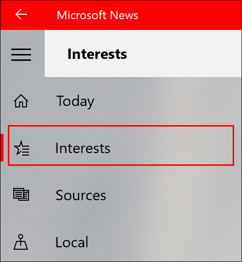 لإضافة اهتمامات أو إزالتها في تطبيق Microsoft News ، انقر فوق علامة التبويب الاهتمامات