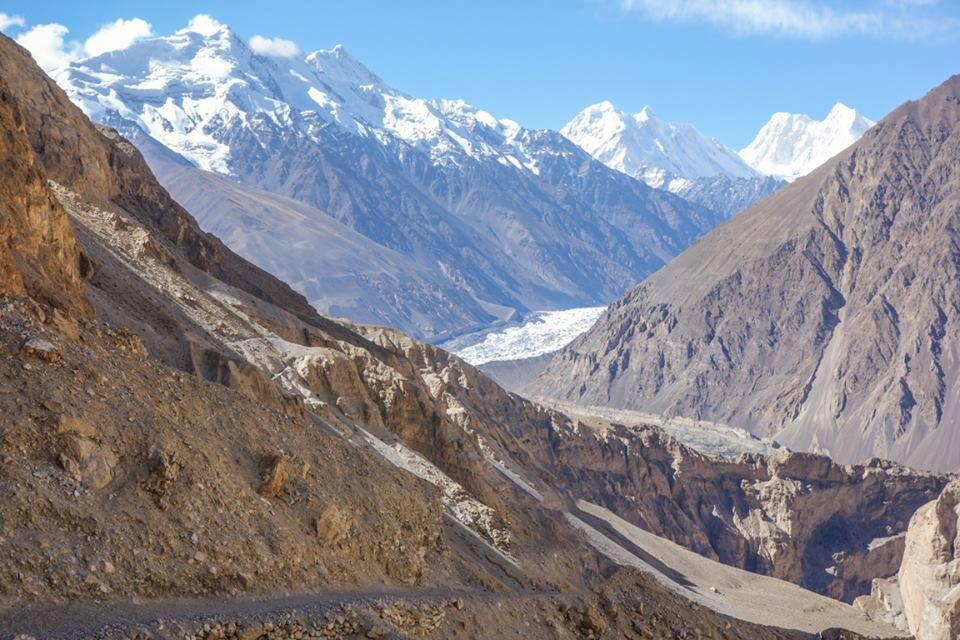 peaks in Shimshal valley. peaks in Hispar Muztagh. Yazghil glacier in Shimshal. from left Yazghil sar 5964 m, Shrish Sar 6450 m, Pumri Chhish South 7335 m and Pumri Chhish 7492 m from Yazghil glacier Shimshal Hunza, Gilgit Baltistan Pakistan