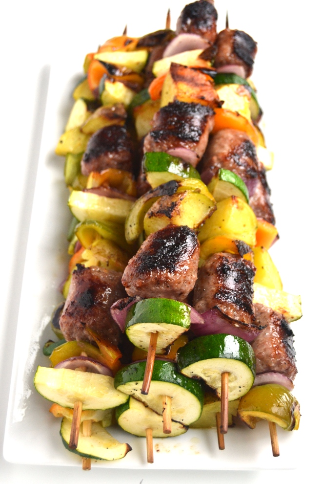 Grilled Bratwurst Kebabs are simple to make and are loaded with flavorful beer brats, bell peppers, onions, potatoes and zucchini for the perfect meal! www.nutritionistreviews.com