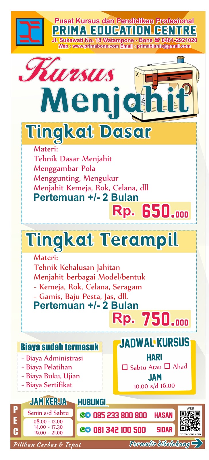 BROSUR KURSUS MENJAHIT EDISI 2020 LKP Prima Bina Insani