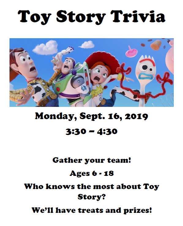 Sturgis Public Library Toy Story Trivia (Monday, September 16, 2019, 3