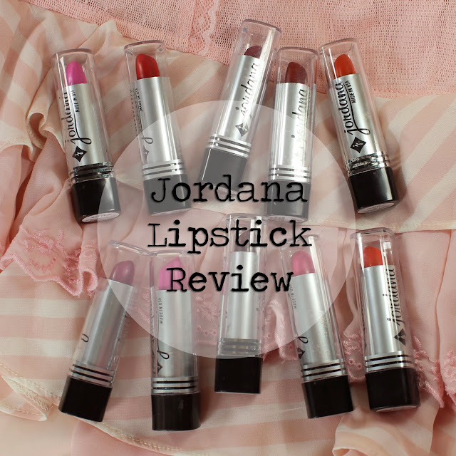 Jordana Lipsticks - Apricot Glaze, Pumpkin, Geranium, Hot Pink, Vivid Rose, Grape, True Red, Garnet and Cabaret Swatches & Review