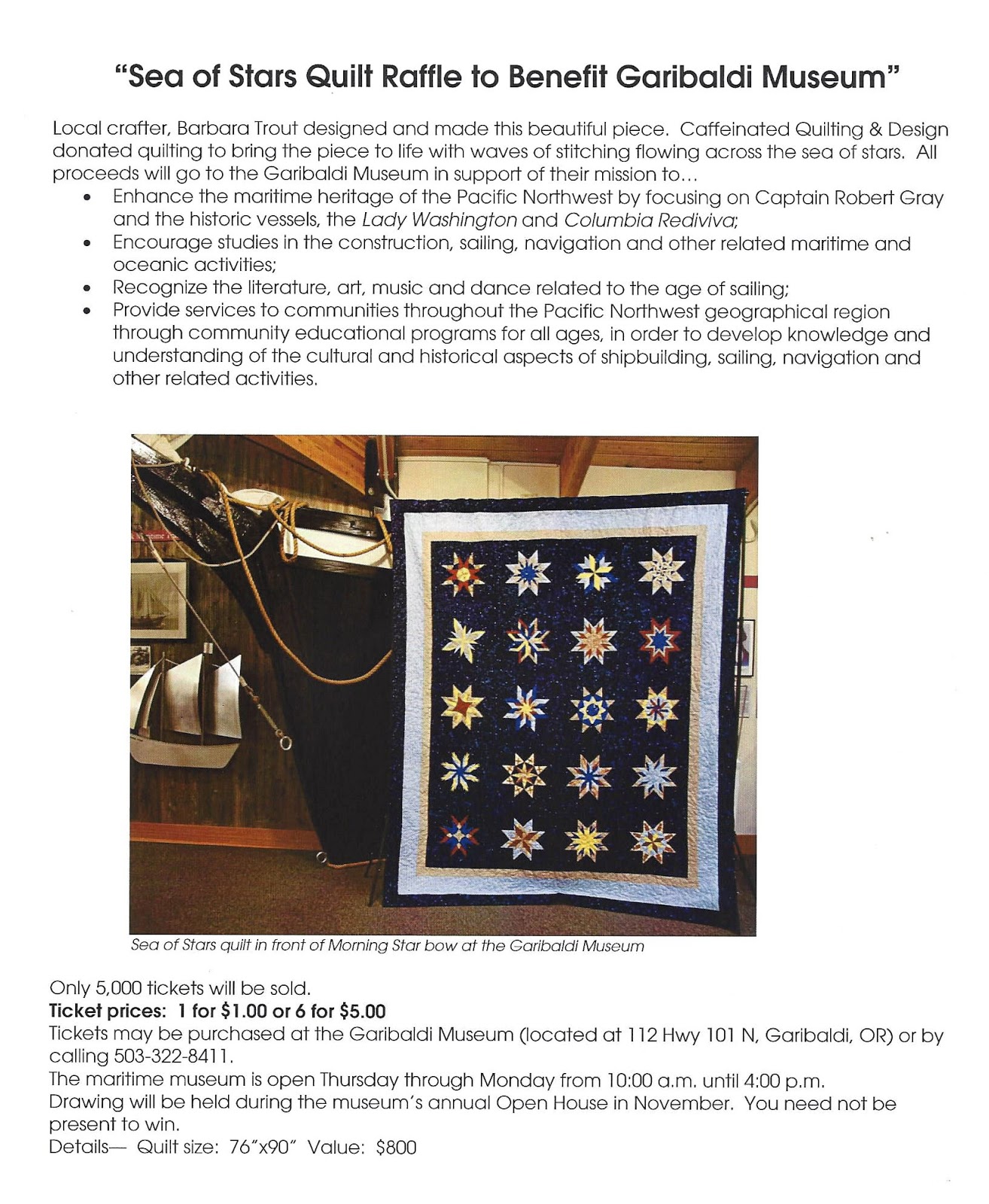 Garibaldi Maritime Museum Quilt Raffle to benefit the Museum and the