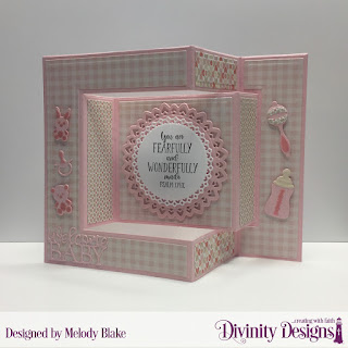 Divinity Designs Stamp Set: Sweet Baby, Custom Dies:  Baby Blessings, Filigree Circles, Tri-Fold Card with Layers, Paper Collection: Baby Girl 