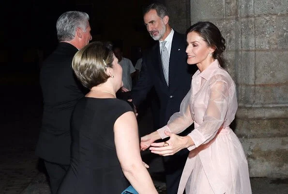 Queen Letizia wore a new semi-sheer organza midi dress by Maje. Maje Roane organza shirt dress. Steve Madden suede pumps