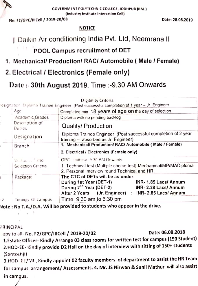 Daikin Air Conditioning India. Pvt Ltd Company drive Diploma Job Campus