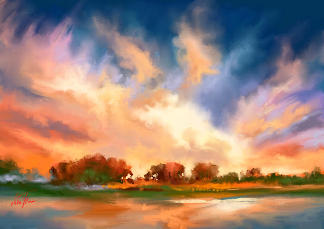 Sunset digital landscape painting by Mikko Tyllinen