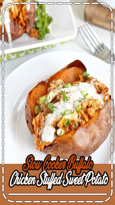 A hearty and healthy, whole30-friendly, slow cooker buffalo chicken that's shredded and stuffed inside of a perfectly baked or grill sweet potato. A recipe for all you buffalo chicken fans.