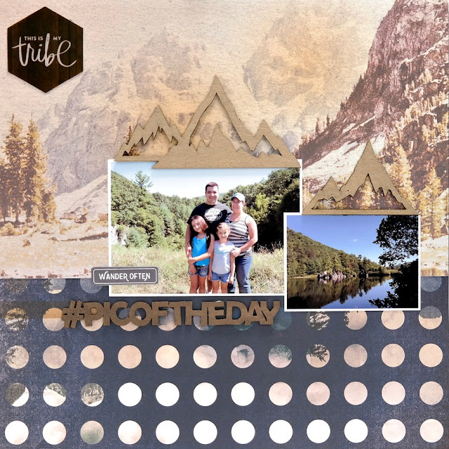 Pic of the Day Camping Scrapbook Layout with Chipboard Mountains and Title