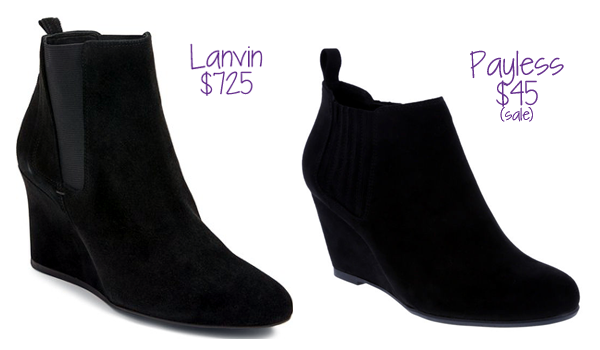 The pull-on wedge booties is popular this fall. Payless has a $45 alternative to the $725 Lanvin version!