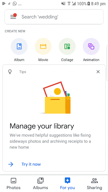 Google photo app assistant section replace with 'for you' as you can see it in this illustration