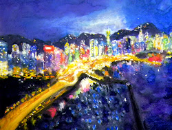 watercolor night painting scene february causeway lanscape hong kong bay
