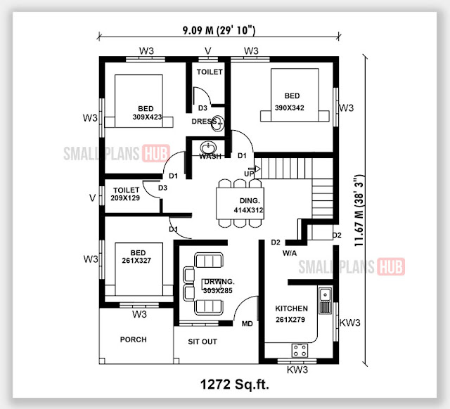 Kerala Style Three Bedroom Single Floor House Plans Under 1300 Sq.ft ...