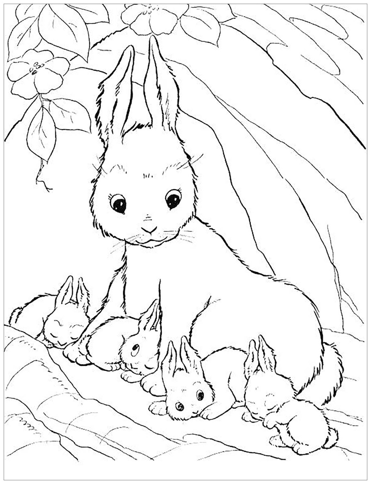 Tranh tô màu thỏ mẹ ru thỏ con ngủ