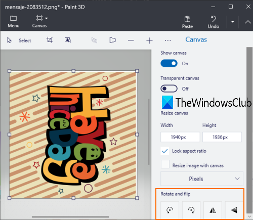 повернуть изображение с помощью Paint 3D