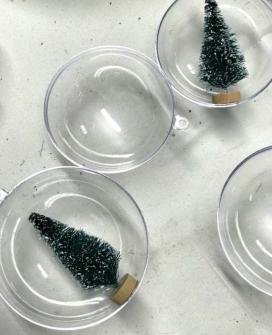 Bottle Brush trees in half of plastic ornaments