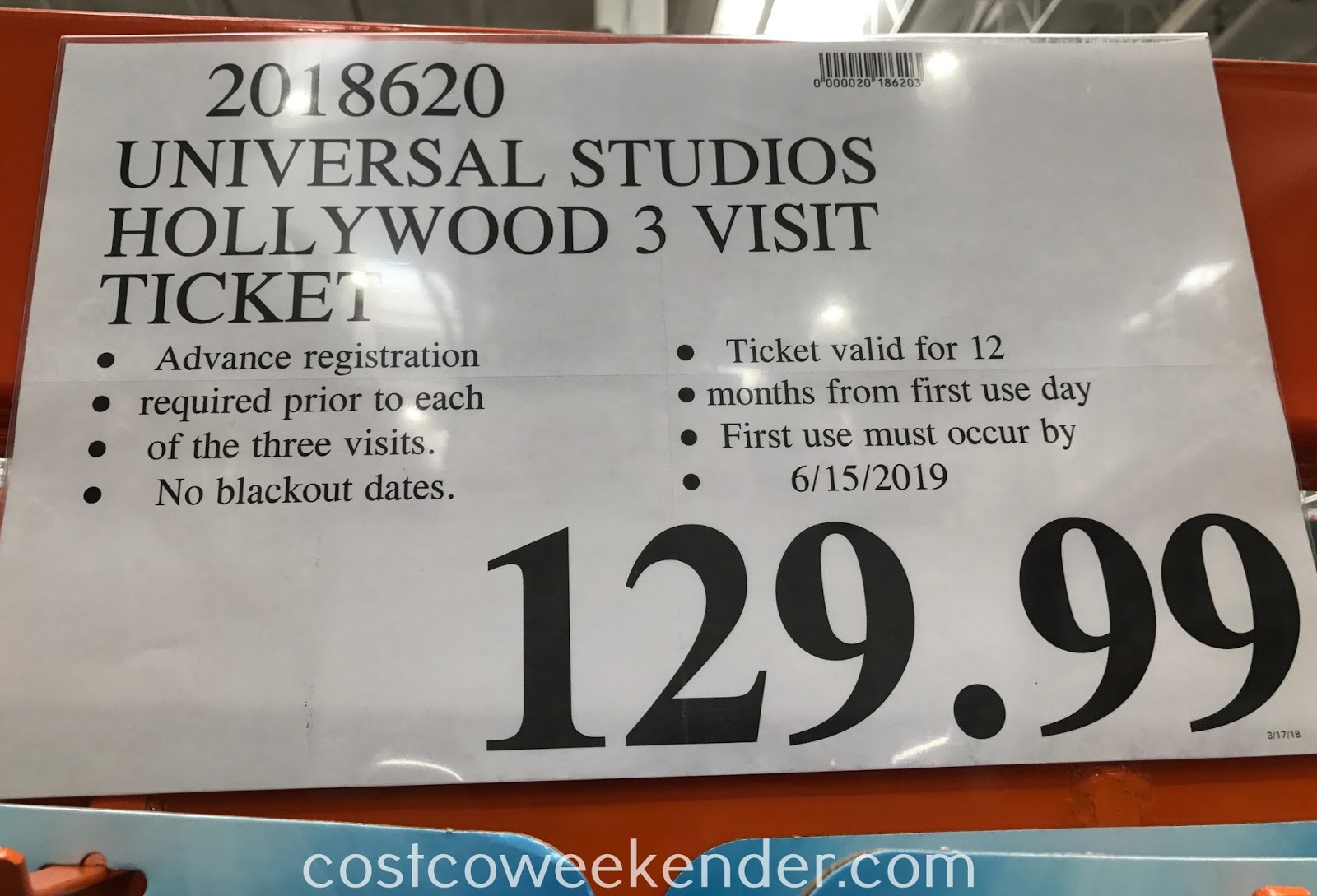 Costco 2018620 Universal Studios Hollywood 3 Visit Ticket 