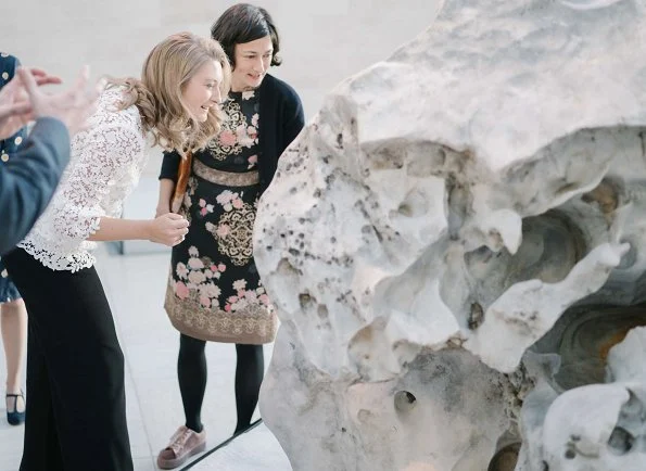 Hereditary Grand Duchess Stephanie visited opening of exhibition of artist Su-Mei Tse at Mudam Museum. wore crop bell sleeve lace top