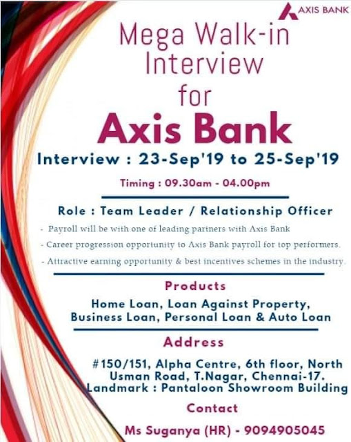 WalkIn Interview on 23rd sep' To 25th Sep' 2019 for Team Leader / Relatinship Officer Axis
