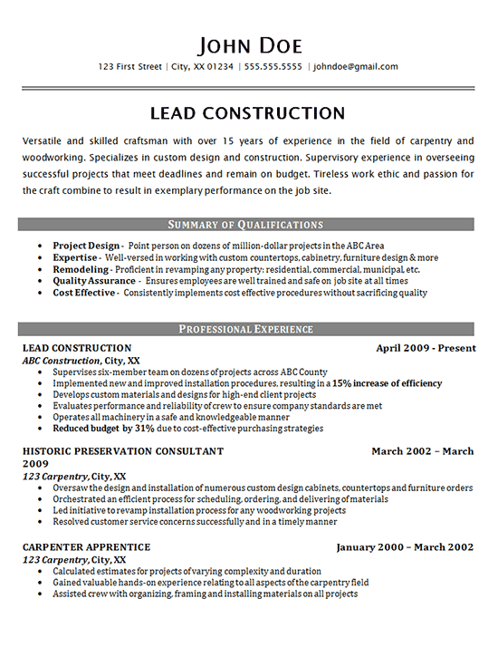 Construction Worker Resume Samples - Construction Worker Resume Example Carpenter Supervisor 