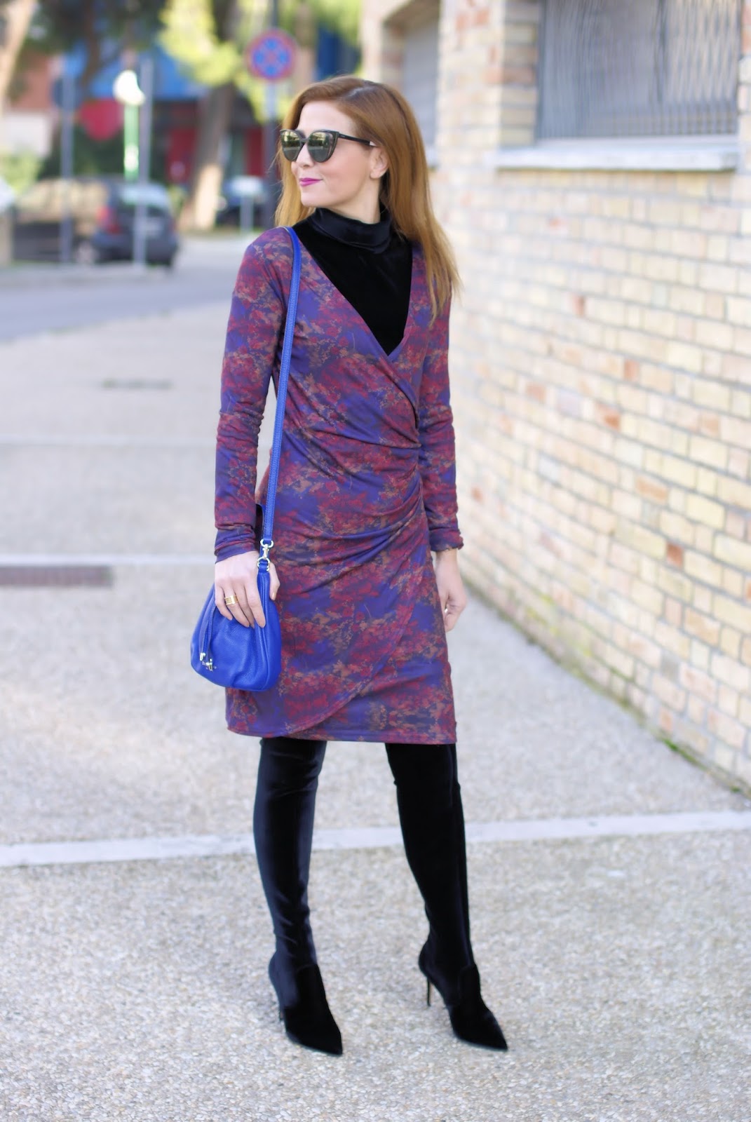 How to wear a wrap dress in winter, Avelina Smash! dress and Le Silla velvet over the knee boots on Fashion and Cookies fashion blog, fashion blogger style