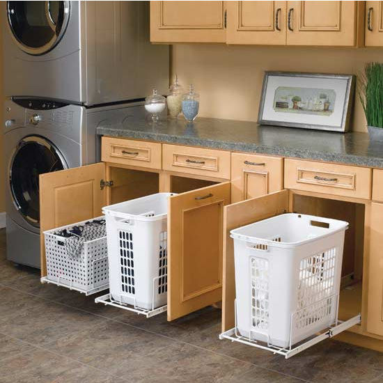 Install pull-out hampers in a bathroom or laundry room Install pull-out hampers in a bathroom or laundry room